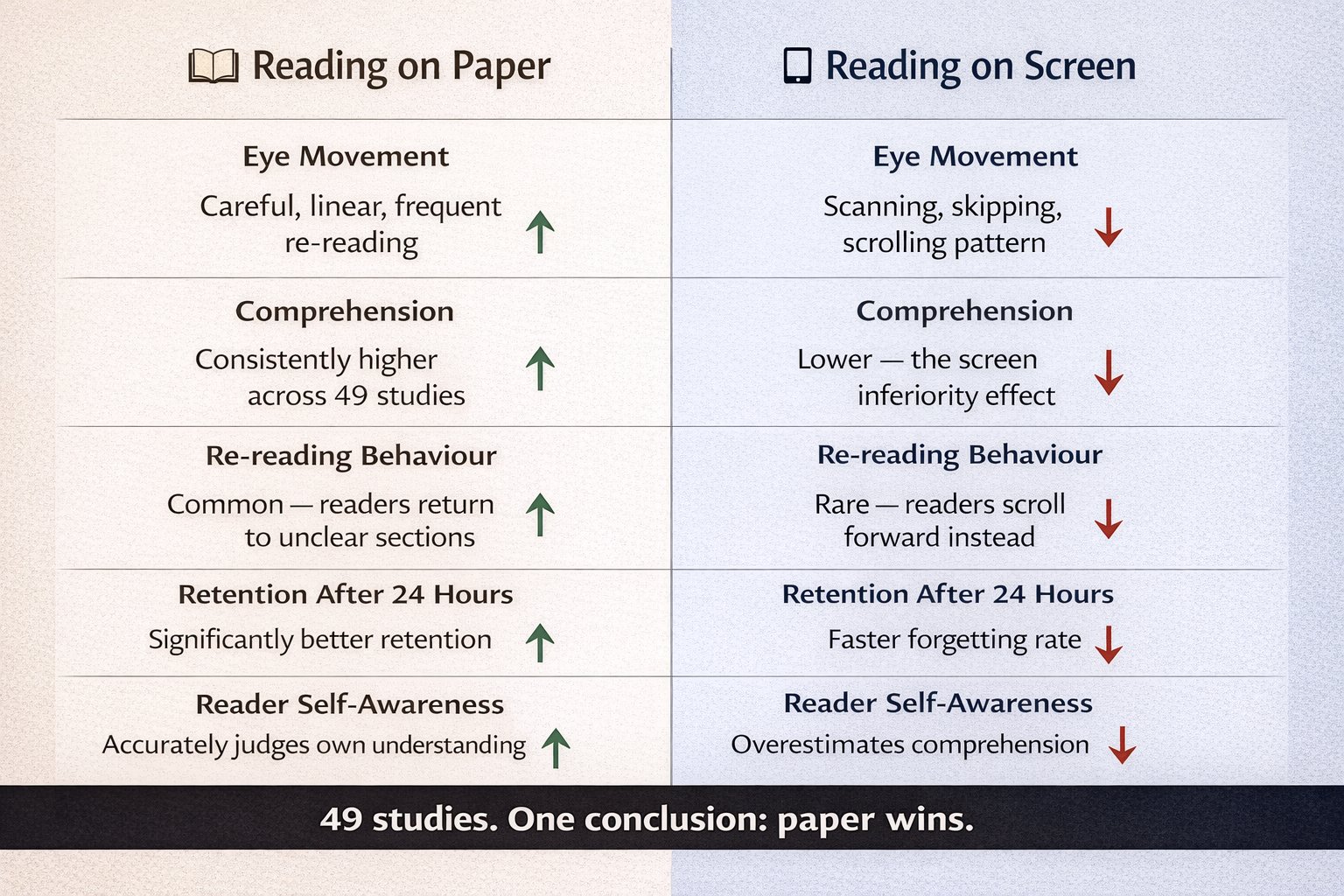 Paper vs screen reading comparison infographic showing 5 key differences in how children read