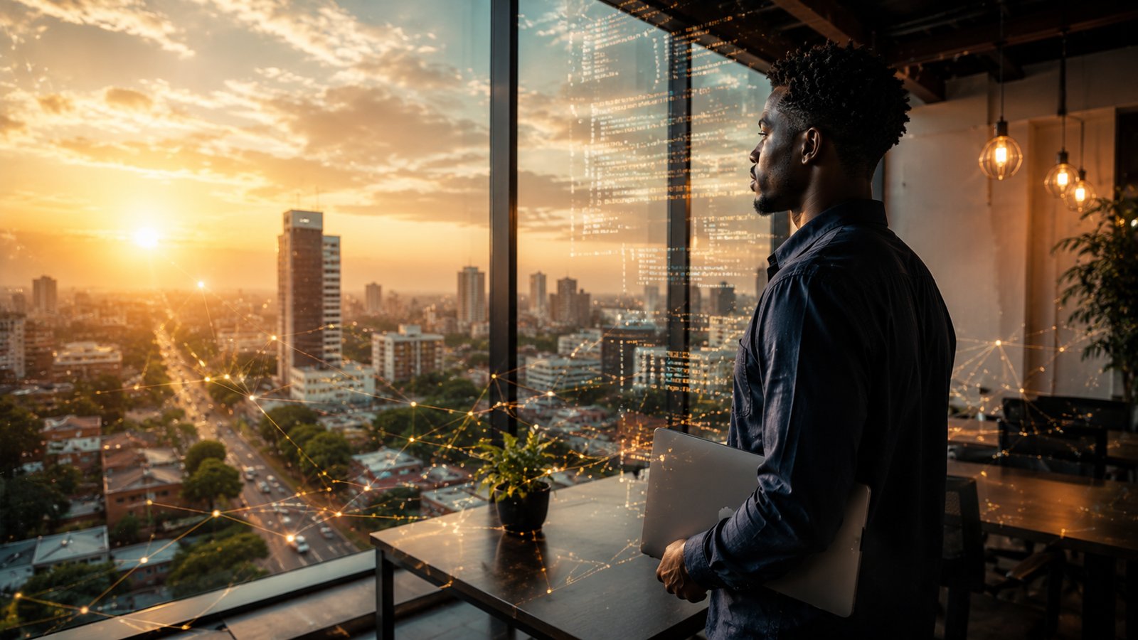 A young Ghanaian student sitting alone at a laptop in a dim, half-empty training room — the gap between the programme's promise and the reality some participants found