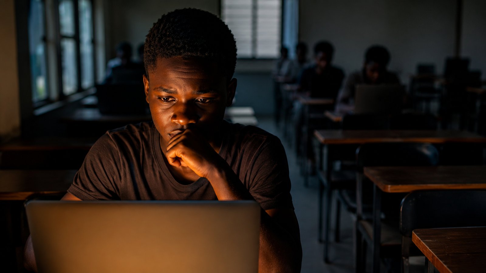 A confident young Ghanaian developer looking out over the Accra skyline at sunset, laptop in hand, glowing digital network overlaid — the global opportunity the programme points toward