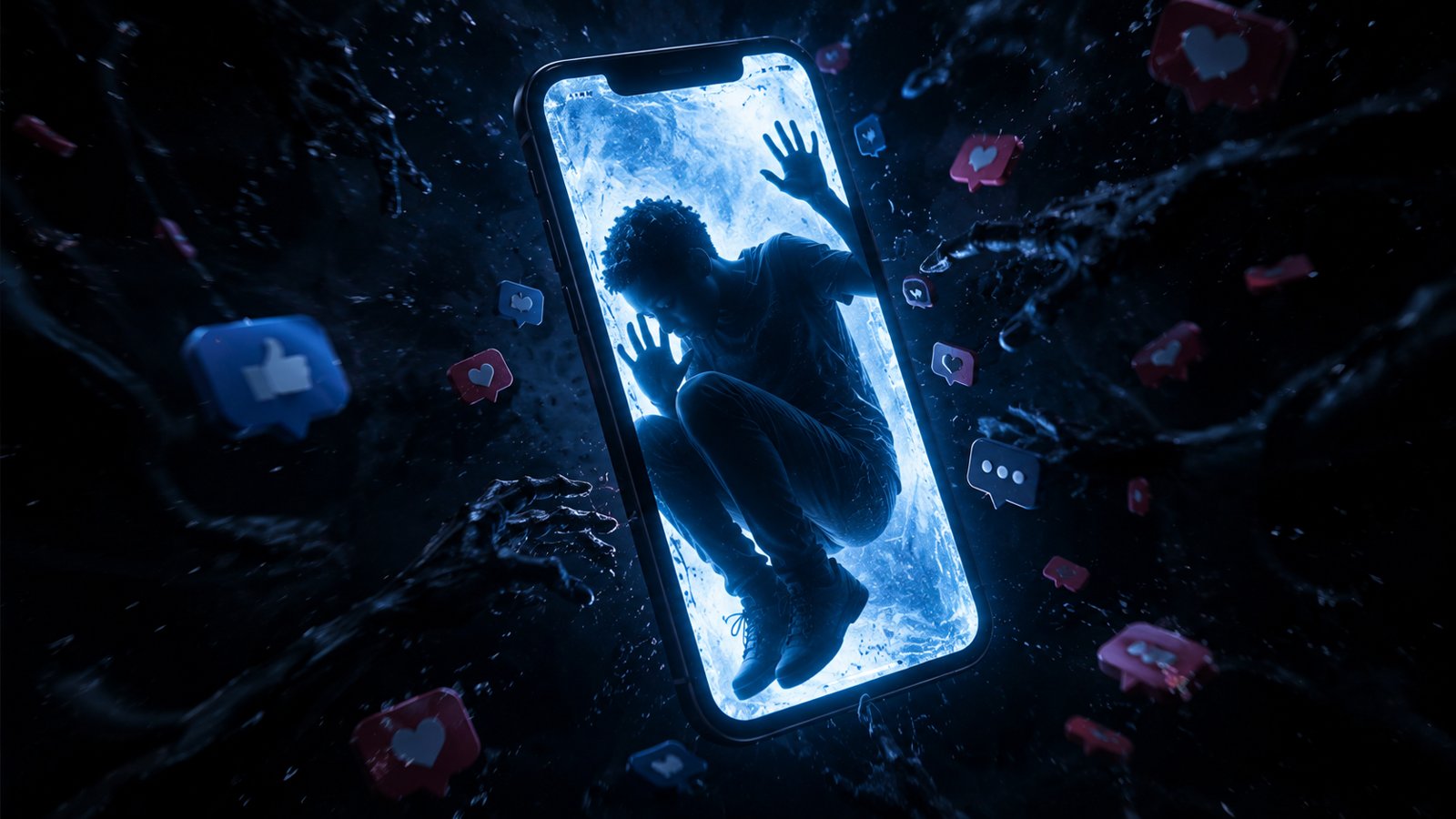 A child curled up inside a glowing smartphone screen, surrounded by swirling social media icons — a visual metaphor for a generation trapped by their devices
