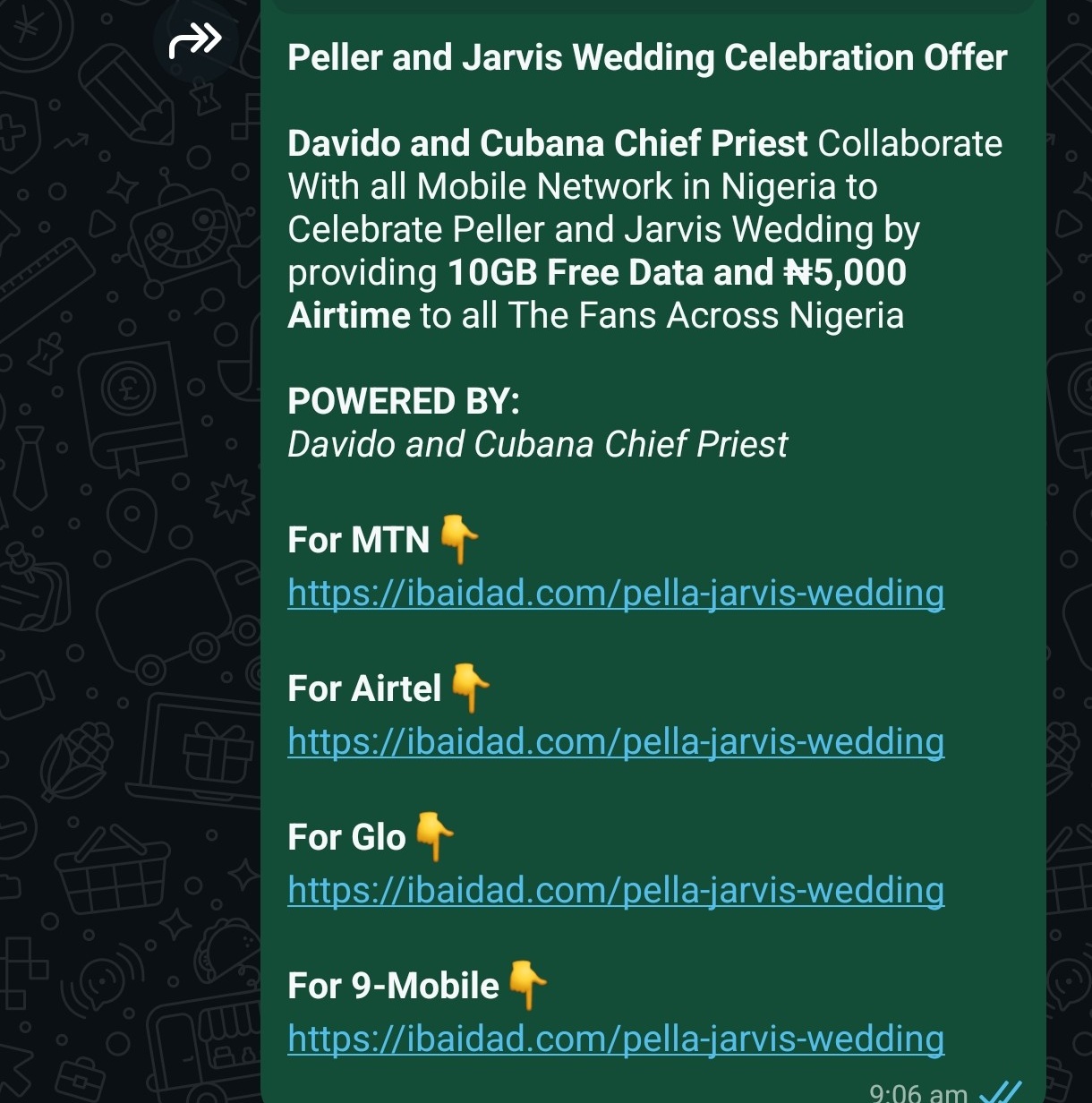 Fake WhatsApp forward using Davido and Cubana Chief Priest's names to push a fake wedding-celebration data giveaway scam