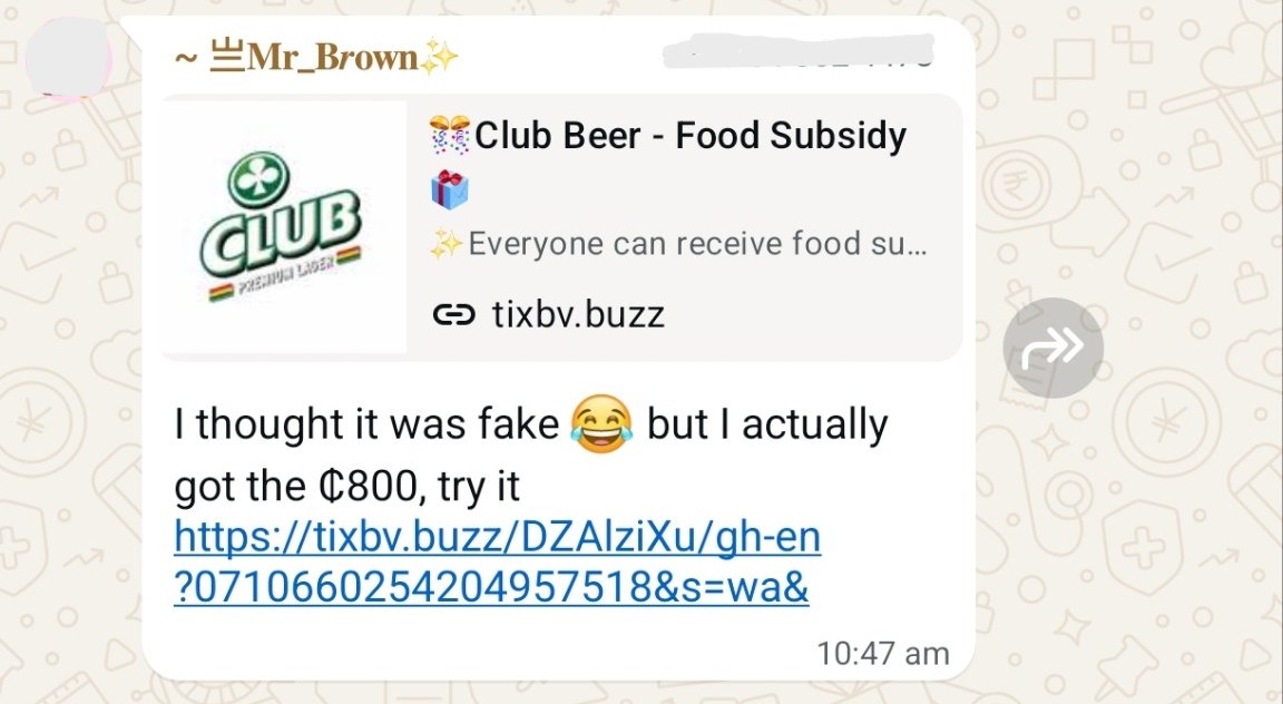 Fake WhatsApp forward for a Club Beer food subsidy scam with a phishing link, plus a fake success reply