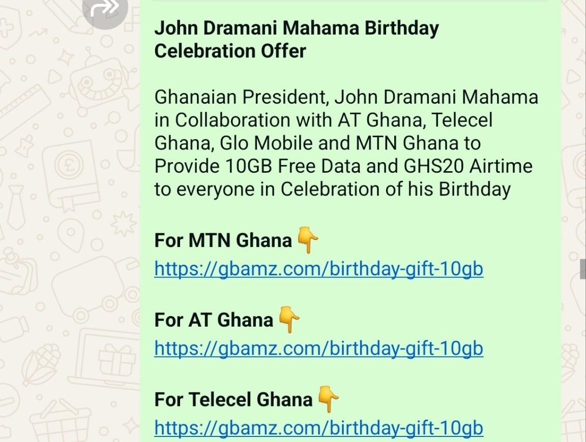 Fake WhatsApp forward claiming a John Mahama birthday giveaway of free data and airtime from all Ghana networks